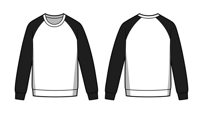 Raglan Sleeve Sweatshirt technical fashion flat sketch vector illustration White and Black Color template front and back views. Fleece jersey sweatshirt sweater jumper for men's and boys