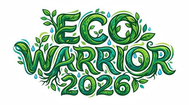 Eco warrior 2026 hand lettering typography with intricate green leaves and vine swirls.
