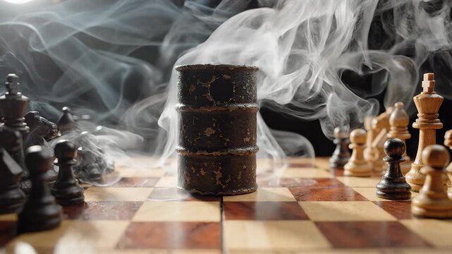 Small rusty oil barrel smoking in middle of wooden chessboard between black and white pieces, concept for global energy crisis, geopolitical strategy and oil market instability