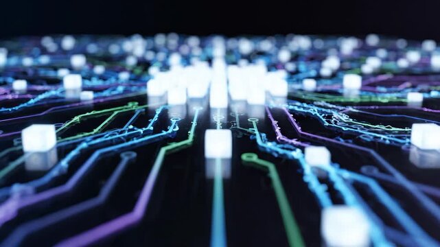 Abstract futuristic circuit board with glowing neon pathways and digital data cubes on dark background, concept for artificial intelligence, cybersecurity and advanced computing networks