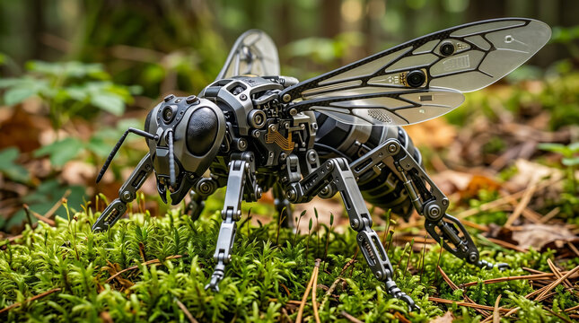 Bioroboter Biodrone Bionik Biorobotik Suchroboter Biomechanische Biene als Drone. Mechanische Roboter-Biene als KI-gesteuerter Bioroboter im Wald als &Uuml;berwachungskamera 