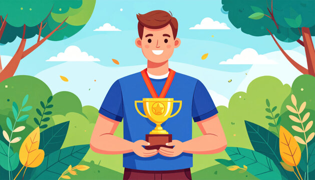 Man Holding Trophy and Medal Cartoon.