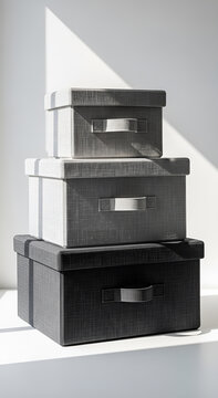 Stack of three stylish textured grey storage boxes with handles under direct sunlight