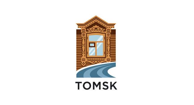 Vintage building logo with scenic window reflection design.