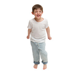Fototapeta premium Little boy jumping and laughing on transparent background. Happy child in white t-shirt playing in studio. Kid having fun, active lifestyle and childhood joy portrait with copy space. Aged 4 years