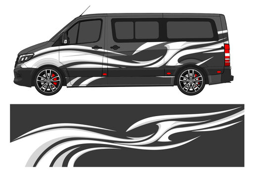 White and grey flowing tribal swoosh van wrap design.
