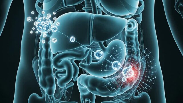 Detailed Visualization of the Human Digestive System Highlighting Liver, Stomach and Intestines with Glowing Particles for Health and Medical Education