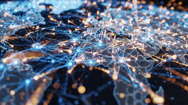 Digital world map with glowing blue network connection lines and data nodes across continents, concept for international logistics, global telecommunications and cybersecurity infrastructure