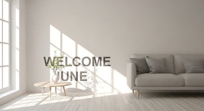 Minimalist welcome home decor with june greeting and neutral sofa.