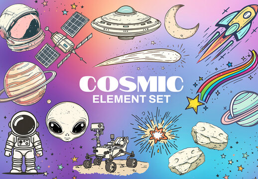 Vibrant Cosmic Illustration Element Design Set