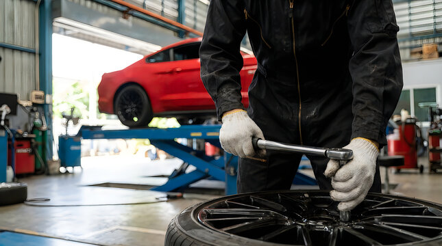 Automotive technician changing tire on red sports car in repair shop