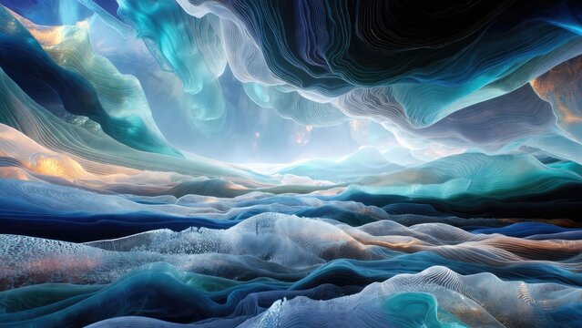 Surreal abstract layered wave patterns digital art oceanic landscape ethereal environment