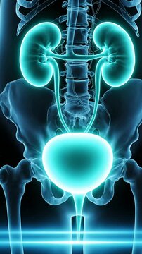 Detailed X-Ray Visualization Of The Human Pelvic Skeleton And Kidneys With Glowing Blue Effect On Dark Background