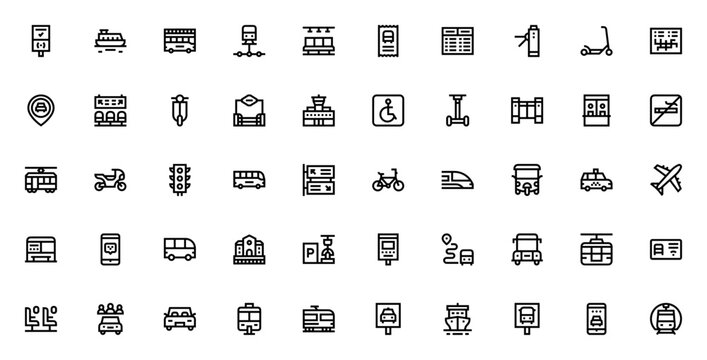 Public Transportation icon set. Minimal linear icons. Featuring ticket validator, ferry, double-decker bus, subway, train, taxi, airplane, scooter, bike, map and more. Editable vector stroke.