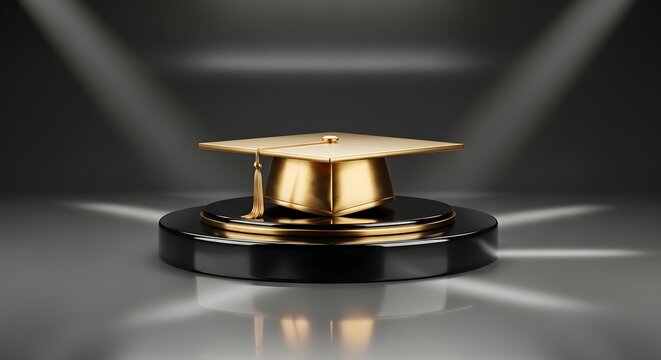 Golden graduation cap symbolizing academic achievement and future success, elegantly displayed on a prestigious pedestal under dramatic spotlights, a visual ode to dedication and scholarly triumph