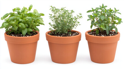 Fototapeta premium Fresh basil, thyme, and mint plants in terracotta pots create vibrant organic herb garden. These herbs add flavor and aroma to any dish