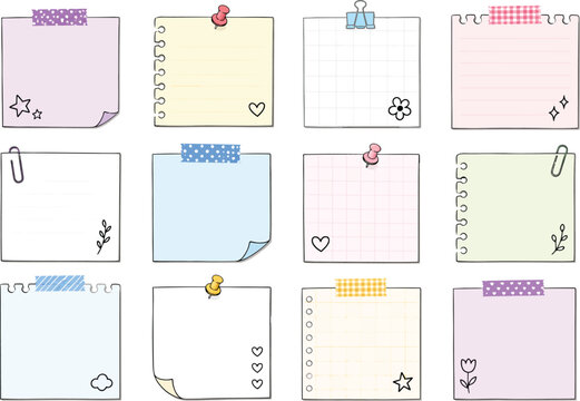 Square paper notes for daily planner, blank memo sheet stickers for to-do list or reminders. Cute notebook sheets template with clips or pins, empty notebook page with adhesive tape vector set