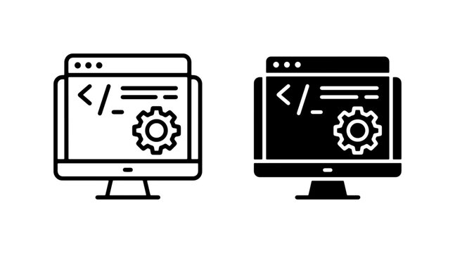 Coding and Development Icons, Computer Screen with Gear and Code Symbols, Software Engineering and Programming Concepts, Digital Technology and Data Processing
