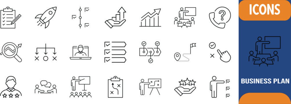 Business strategy planning growth icons. graph icon set, checklist icon set, rocket icon set