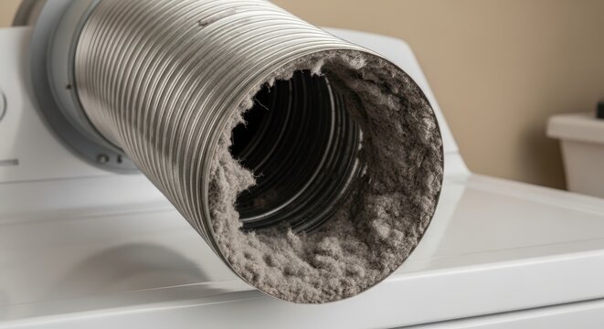 Closeup of a dryer vent hose heavily clogged with lint, indicating a significant fire hazard and need for cleaning
