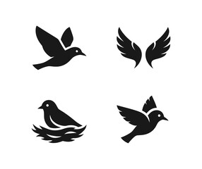 Obraz premium Diverse collection of elegant black bird and wing illustrations, depicting freedom, nature, and new beginnings through flying and nesting motifs