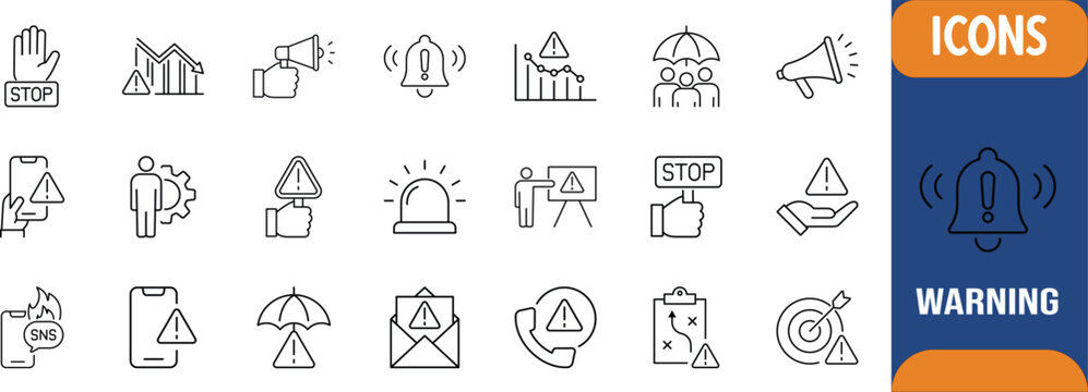 Warning alert stop caution line icons. warning icon set, stop icon set, bell icon set