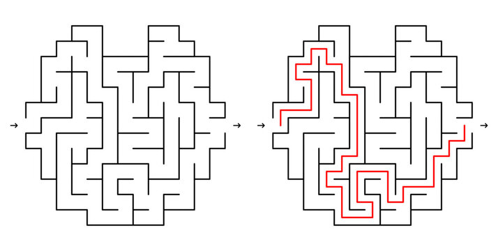 A simple maze puzzle with an apple-shaped solution on a white background
