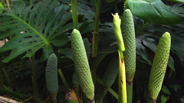Developing Green Fruits of a Tropical Monstera Deliciosa Plant Growing in a Lush Jungle Environment with a Bokeh Background