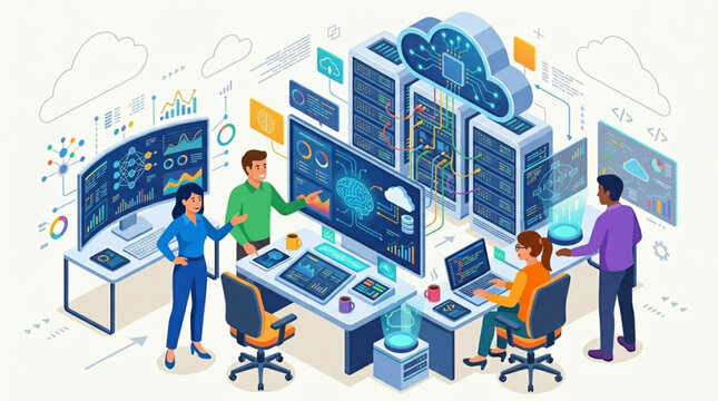 Diverse team collaborating in a modern data center, analyzing complex information on multiple screens and servers, conveying technological innovation and teamwork