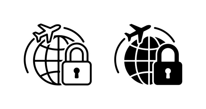 Global Travel Security Icons: Airplane, Globe, and Lock Symbols for Safe Journeys, International Protection, and Secure Destinations