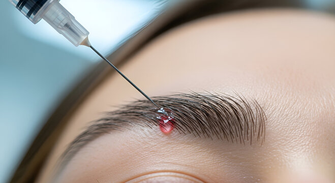 Close-up shot of a professional permanent makeup artist using a micro needle machine for eyebrow tattooing and microblading procedure.