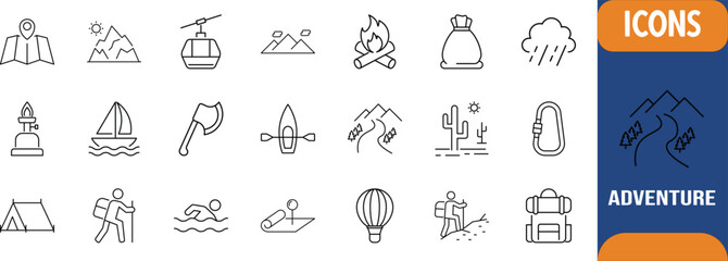 Outdoor camping hiking adventure icons. tent icon set, backpack icon set, mountain icon set © Samim shop