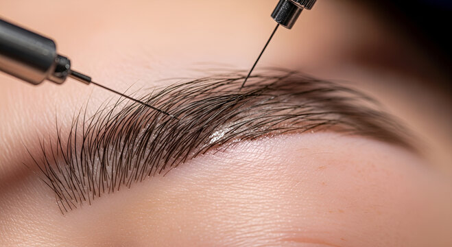 Close-up shot of a professional permanent makeup artist using a micro needle machine for eyebrow tattooing and microblading procedure.
