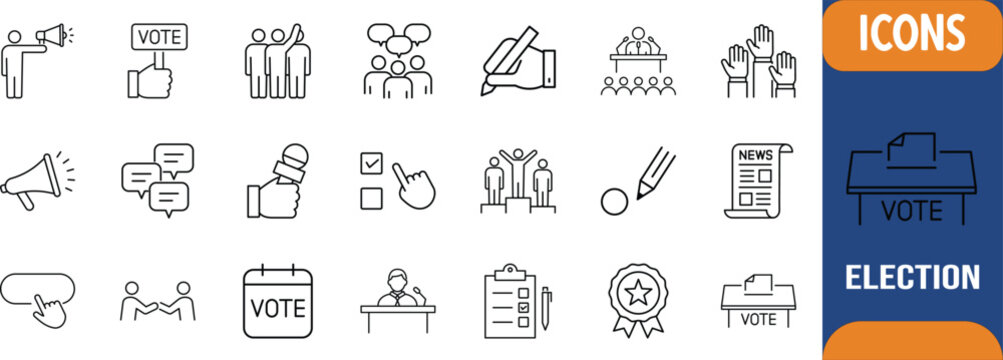 Political election campaign and voting icons. ballot box icon set, megaphone icon set, podium icon set