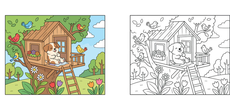 Coloring page with cute puppy in a treehouse with birds and flowers, colored example and black and white outline vector illustration for kids activity book