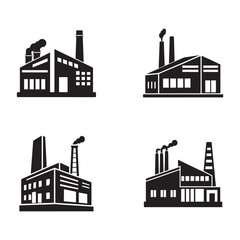 Obraz premium Factory building icons with smokestacks and windows industrial architecture symbols for design and illustration industrial buildings with chimneys and smokestacks