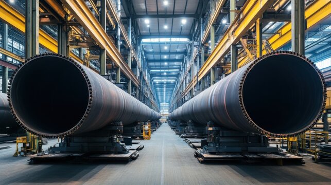 Massive Steel Pipes Lined Up Inside Industrial Fabrication Facility