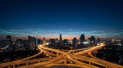 Obraz premium Futuristic Smart City Infrastructure with Digital Network Overlay and Illuminated Highways at Night