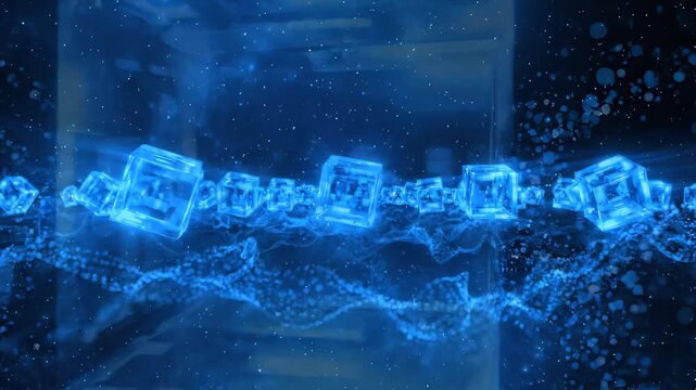 Glowing blue 3D crystal cubes floating in dark digital space with bokeh particles and light streaks, concept for blockchain technology, big data visualization and cybersecurity background