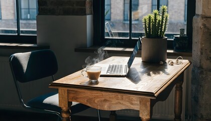 Fototapeta premium Remote Work Setup with Laptop, Coffee Cup and Green Plant on Modern Home Office Desk