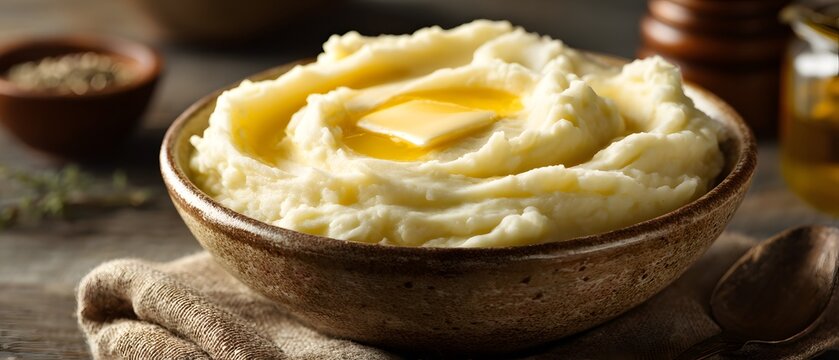 Creamy mashed potato with butter and rich texture in warm natural light, styled as comforting homemade food for restaurant menus, blogs, and stock photography.