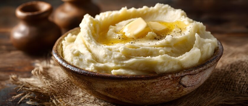 Creamy mashed potato with butter and rich texture in warm natural light, styled as comforting homemade food for restaurant menus, blogs, and stock photography.