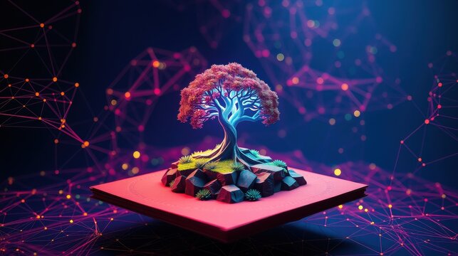 Glowing tree sits atop pink platform. Network lines extend into dark background. Vibrant colors create futuristic scene.