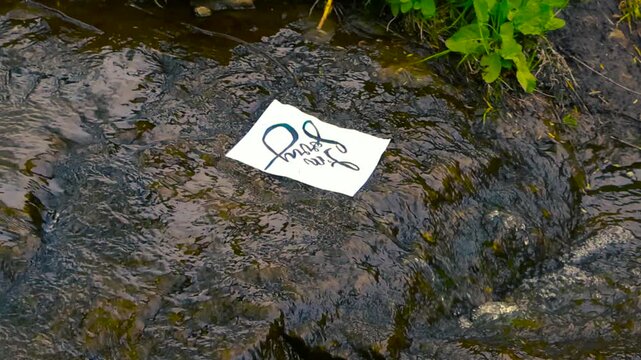 Apology Letter with I'm Sorry Handwritten Note Floating Down a Shallow River Stream Symbolizing a Lost Love or Breakup