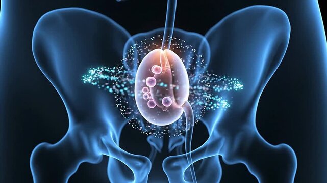 Dynamic 3D Medical Illustration of Cellular Processes Within the Pelvic Region Featuring Advanced Visual Effects and Energy Flow