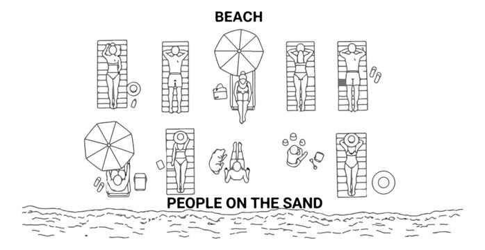 Minimalist beach people on the sand vector, top view summer vacation icons, black and white line art of sunbathing tourists and umbrellas