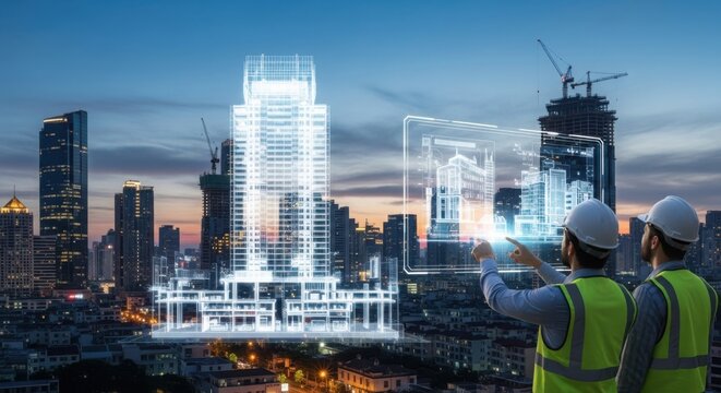 Architects using digital tablet for smart city construction project with modern building skyline