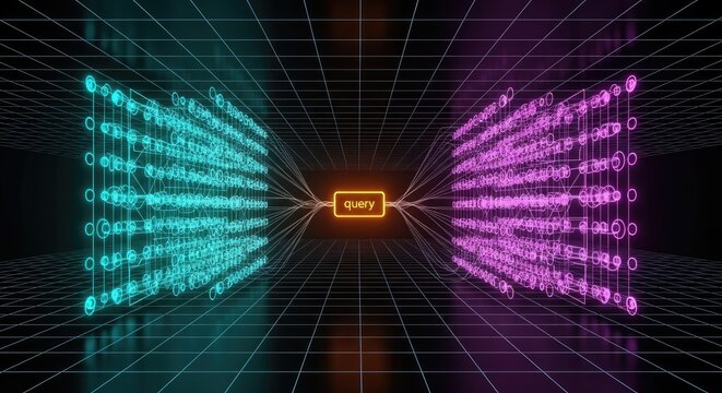 Futuristic neon grid with binary code patterns in blue and pink hues on a dark background with orange connector
