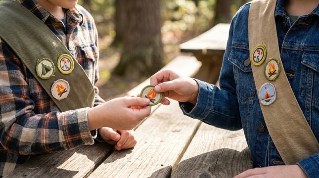 Two young scouts exchange a campfire merit badge over a wooden table. This scene captures teamwork and achievement in a sunny forest setting. Perfect for youth organization marketing materials.