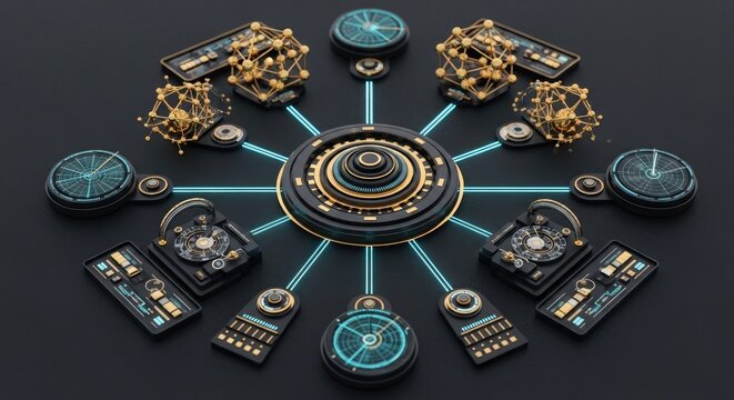 Futuristic technological device with intricate golden and blue mechanical components arranged in a circular pattern on a dark background
